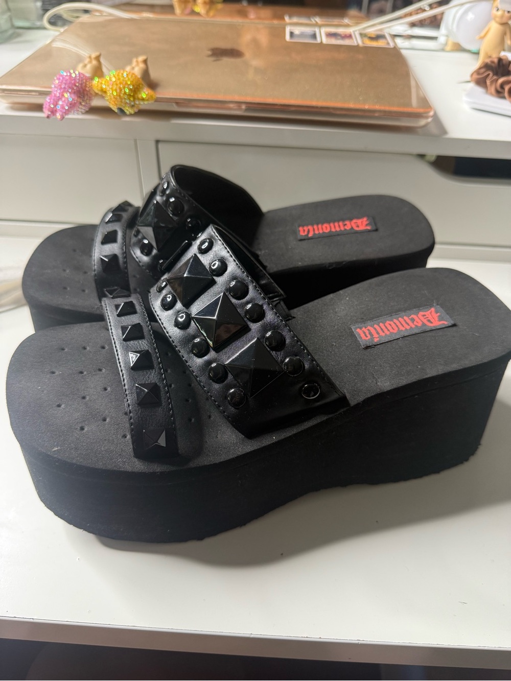 Demonia Black Studded Platform Slide Sandals